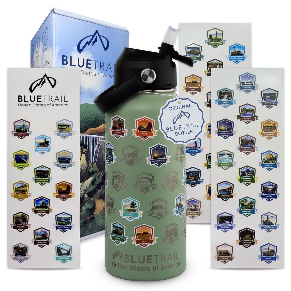 BlueTrail 50 States Water Bottle with Stickers - 32 oz Insulated Stainless Steel, Upgraded Leak-Proof Lid, UV & Waterproof Permanent Stickers, Laser Engraved 50 States of the USA (Pale Mint)