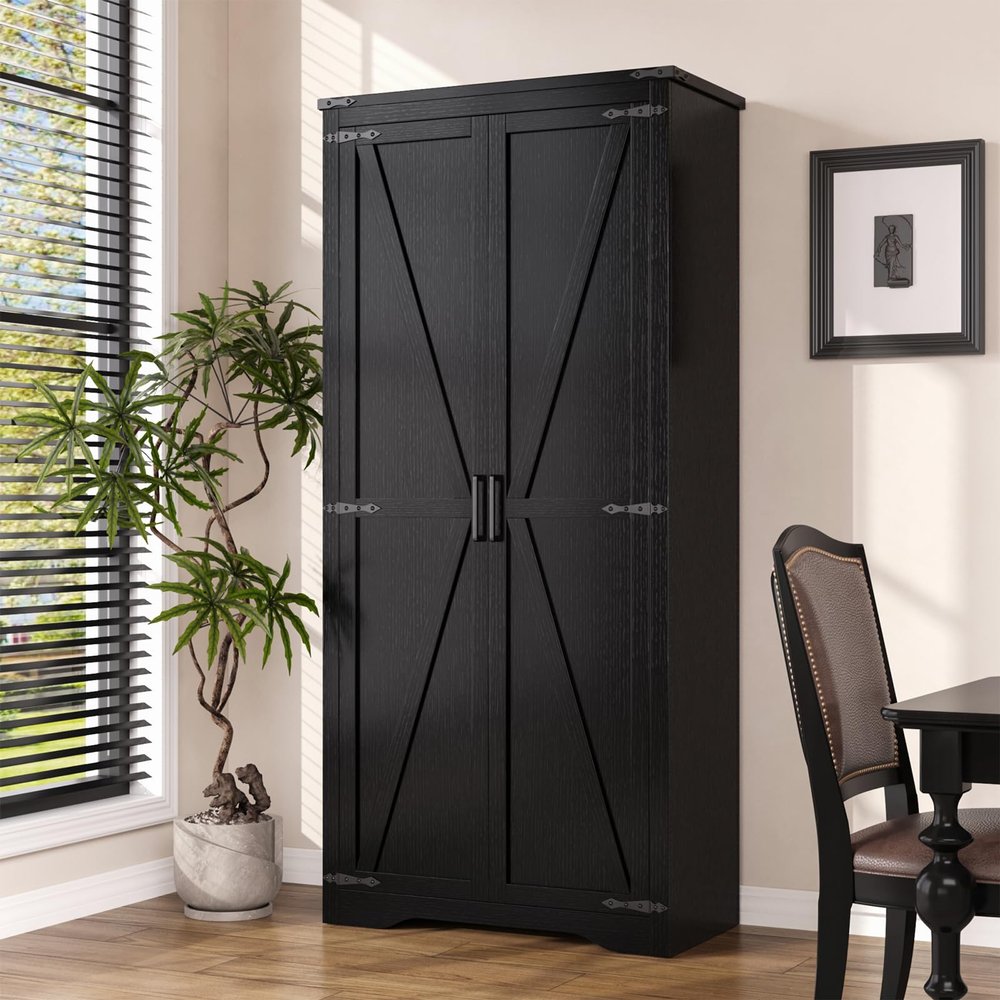 FiveWillowise Tall Storage Cabinet with Adjustable Shelves, Farmhouse Pantry Organize with 2 Barn Doors, Large Freestanding Cabinet for Kitchen, Garage, Basement, Living, Utility Room, Black