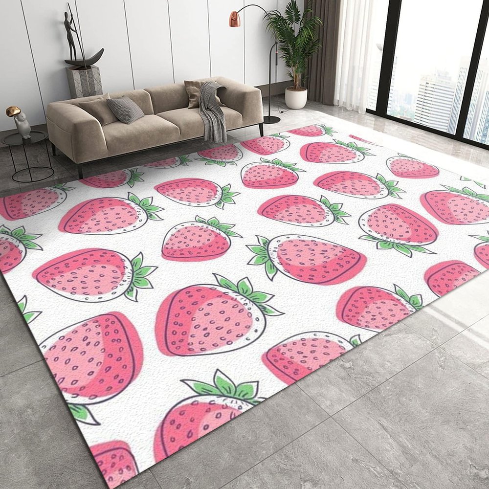 2x4 Runner Rug 3D Pink Strawberry Rugs for Entryway, Cute Fresh Fruit Irregular Washable Kitchen Rugs Soft Non Slip Anti Fatigue for Sink Laundry Indoor Hallways