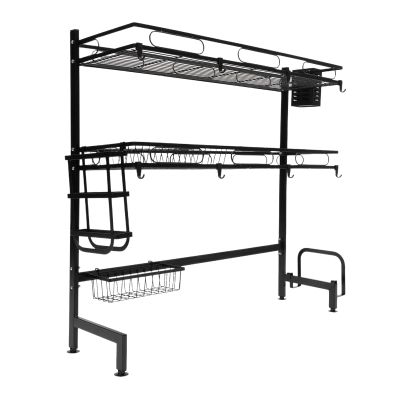Geschirr Abtropfgestell ber Sple,2 Ebenen Abtropfstnder,Rostfreie Geschirr Abtropfgitter Abtropfschale Kchen Organizer mit Utensilienhalter, Schneidebretthalter, Messerblock, Schwarz, Lnge 82cm