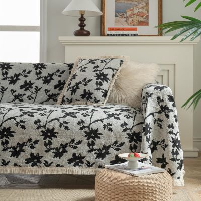 vctops Vintage Jacquard Sofa Covers for Sectional Sofa Floral Pattern Fringe Couch Cover for Dogs Loveseat Covers Futon Cover L Shaped Cover Washable Couch Protector (Black Rose,91"x134")