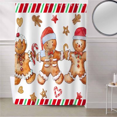 PANJINEXT Christmas Gingerbread Man Shower Curtain Sets with Hooks for Bathroom, Xmas Candy Bath Curtain, Watercolor Ginger Man Waterproof Fabric Shower Curtains Farmhouse Bath Home Decor 66x72 in