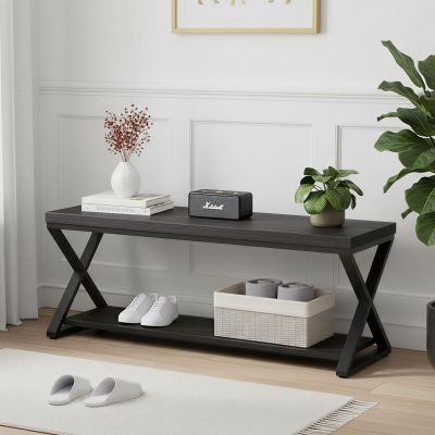IBF Black Bench, Modern Entryway Bench for Bedroom, Wood Metal Storage Hallway Bench for Dining Living Room, Farmhouse Shoe Rack Indoor Accent Seating Bench for Foyer Entrance, Black Oak, 47 Inch Long