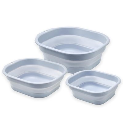 Collapsible Wash Basin Set of 3, Foldable Large Medium Small Wash Basins, Portable Plastic Basins for Laundry, Bottles, Travel, Camping (Blue Gray)