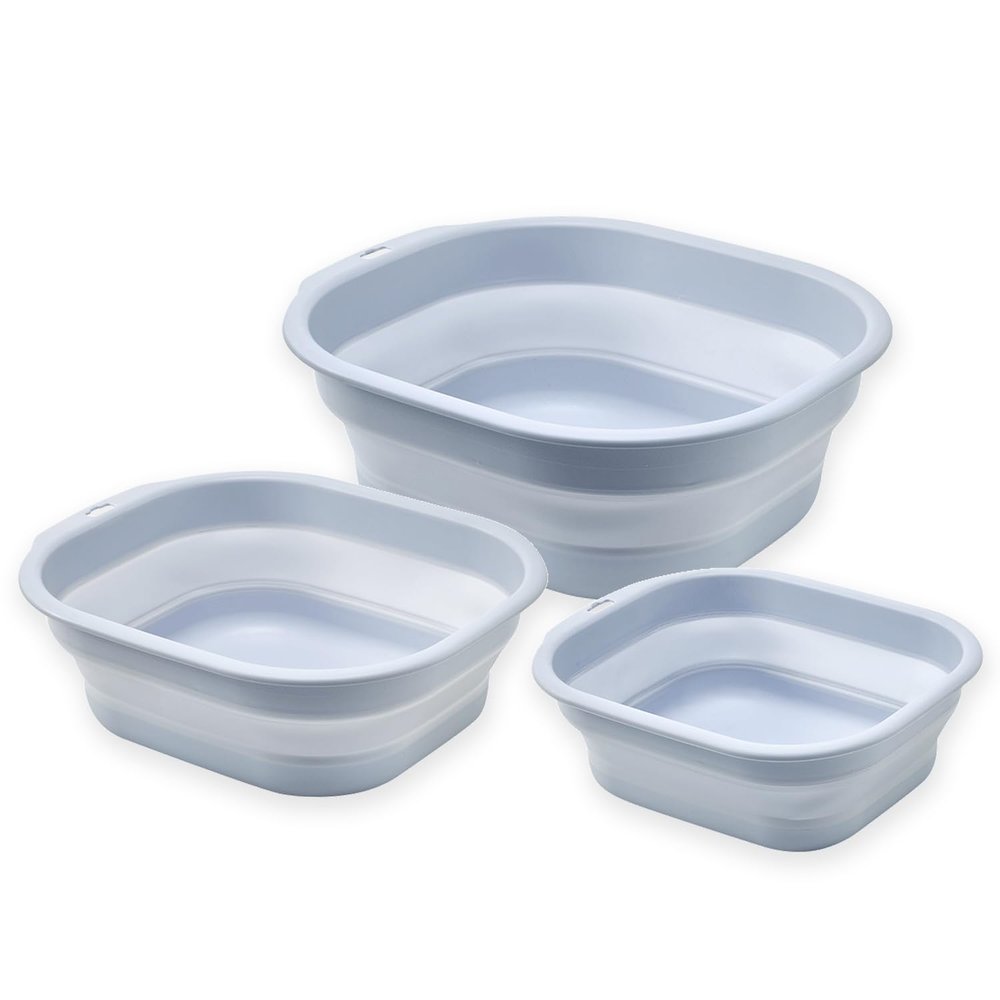 Collapsible Wash Basin Set of 3, Foldable Large Medium Small Wash Basins, Portable Plastic Basins for Laundry, Bottles, Travel, Camping (Blue Gray)