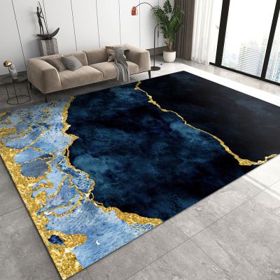 3x4 Rugs for Entryway Modern Abstract Marble Low Pile Area Rug, Gold-Plated Blue-Black Gradient Retro Kids Bedroom Rug Soft for Coffee Shop Living Room Under Table Game Room
