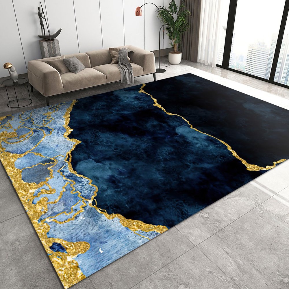 3x4 Rugs for Entryway Modern Abstract Marble Low Pile Area Rug, Gold-Plated Blue-Black Gradient Retro Kids Bedroom Rug Soft for Coffee Shop Living Room Under Table Game Room