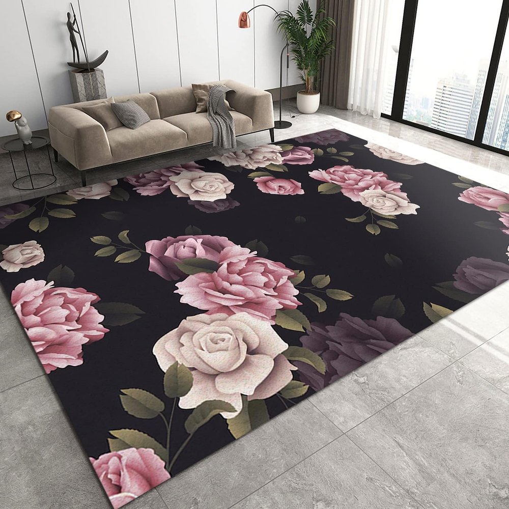 3x4 Rugs for Entryway Pink and White Rose Low Pile Area Rug, Black Background Plant Leaves Flowers Kids Bedroom Rug Soft for Coffee Shop Living Room Under Table Game Room