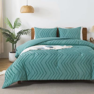 Andency Grayish Teal Comforter Set Queen Size, Boho Soft Warm Tufted Bedding Comforter Sets for Queen Size Bed, 3 Pieces Aesthetic Chevron Farmhouse Cute Bohemian Textured Bed Set