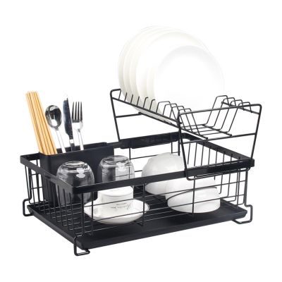 2 Tier Dish Drying Rack and Drainboard Set,Stainless Steel Large Dish Drainers Strainer with Drainboard Set,for Sink Stainless Steel Dish,Rack for Kitchen Counter Dish Drainer with Utensils, F