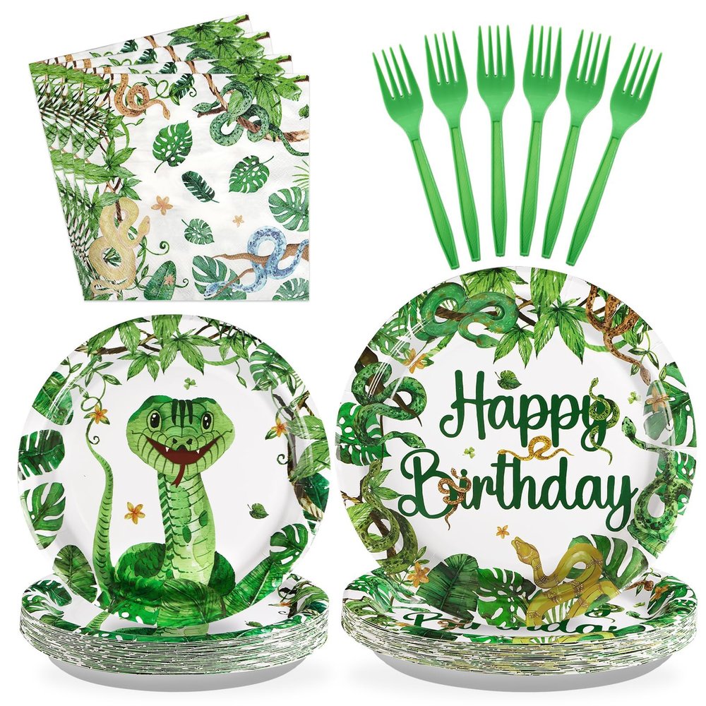 96 Pcs Snake Birthday Party Supplies Reptile Jungle Swamp Snake Plates and Napkins Tableware Sets Reptile Party Decorations Favors for Kids Camping Alligator Wilderness Wildlife Theme Decor,Serves 24