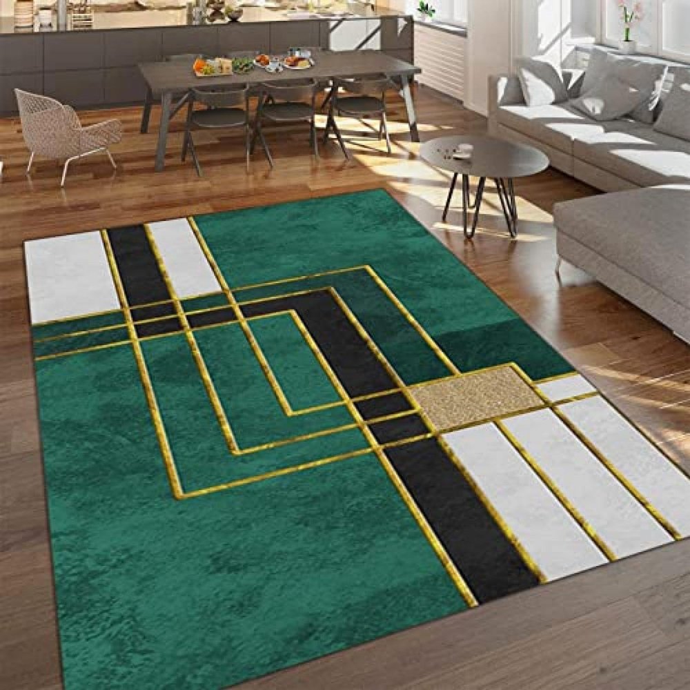 2x4 Runner Rug Luxurious Black Gold Geometric Line Rugs for Entryway, Emerald Green Marble Washable Kitchen Rugs Soft Non Slip Anti Fatigue for Sink Laundry Indoor Hallways