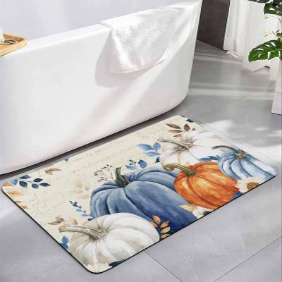 Bathroom Rug Absorbent Bath Rug, Thanksgiving Pumpkin Watercolor Eucalyptus Leaf Kitchen Doormat Non-Slip Diatomaceous Earth Bath Mat, Fall Flower Vintage Letter Shower Mat Bath Rugs 24x36in