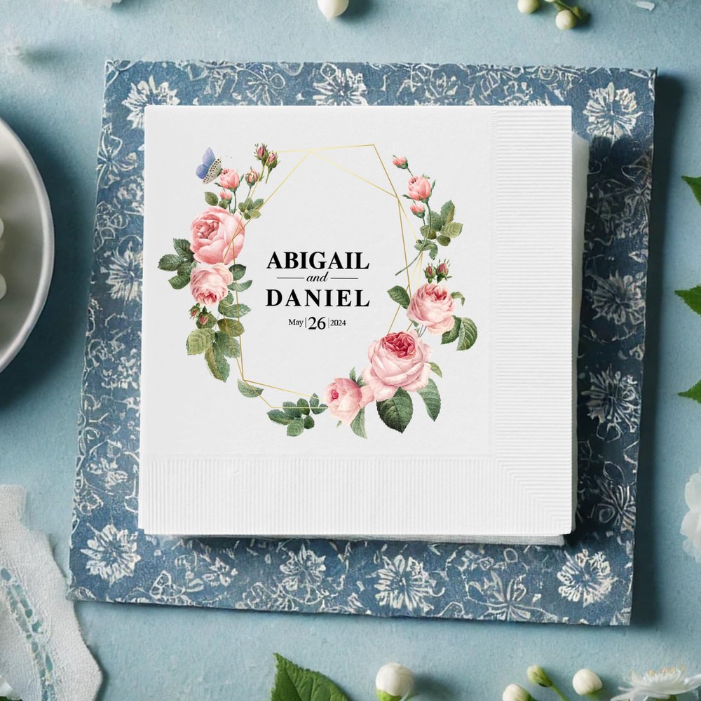 Customized Wedding Napkins, Personalized Napkins for Party, Floral Wedding Napkins, Bridal Shower Couples Engagement Party Napkin, Custom Napkins - Perfect for Weddings, Engagements and Anniversaries