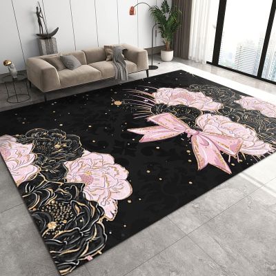 3x4 Rugs for Entryway Pink Rose Flower Low Pile Area Rug, Black Gold Bow Romantic Plant Kids Bedroom Rug Soft for Coffee Shop Living Room Under Table Game Room