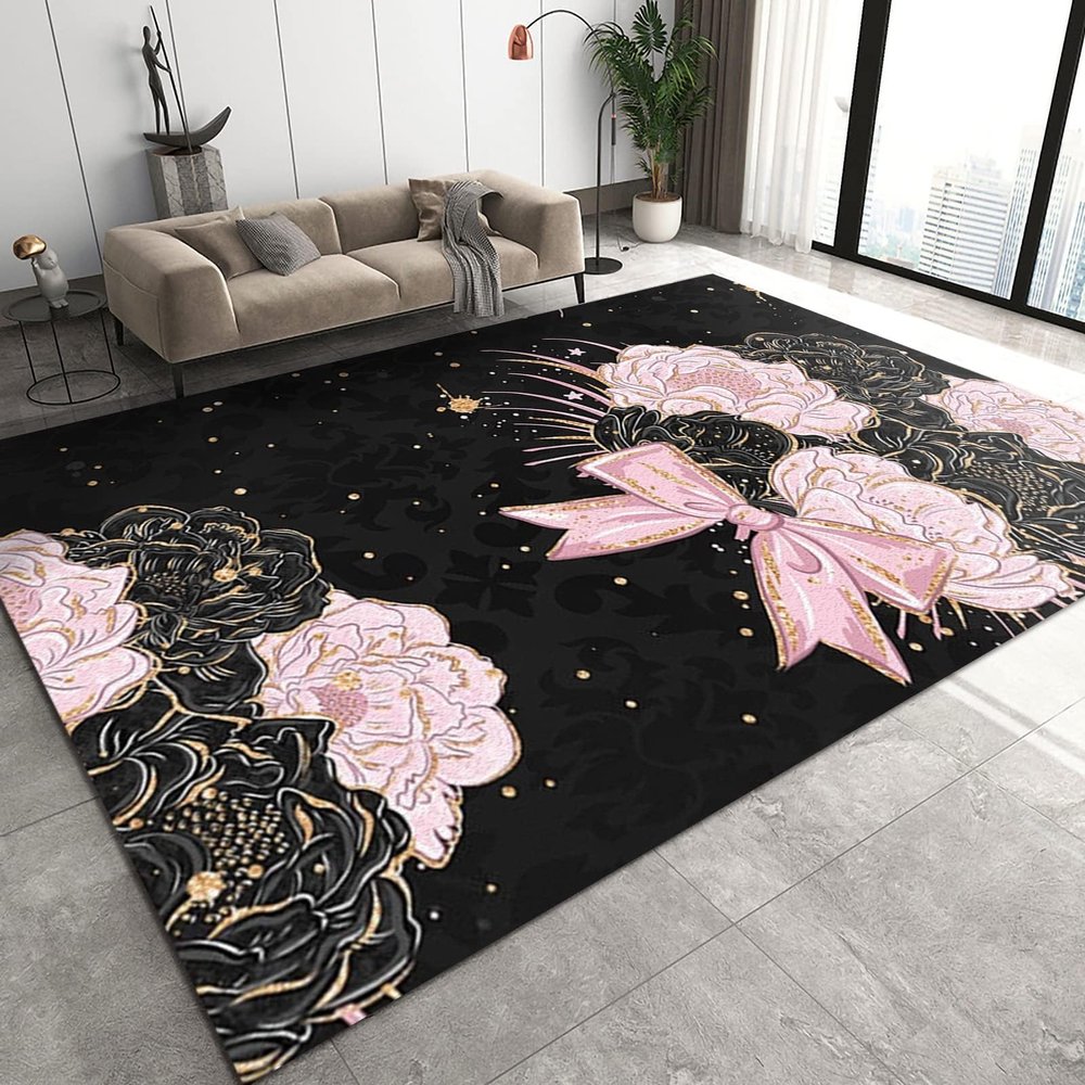 3x4 Rugs for Entryway Pink Rose Flower Low Pile Area Rug, Black Gold Bow Romantic Plant Kids Bedroom Rug Soft for Coffee Shop Living Room Under Table Game Room