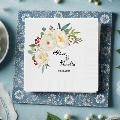 Custom Wedding Napkins, Personalized Napkins for Party, Floral Wedding Napkin, Bridal Shower Couples Engagement Party Napkin, Custom Napkins - Perfect for Weddings, Engagements and Anniversaries
