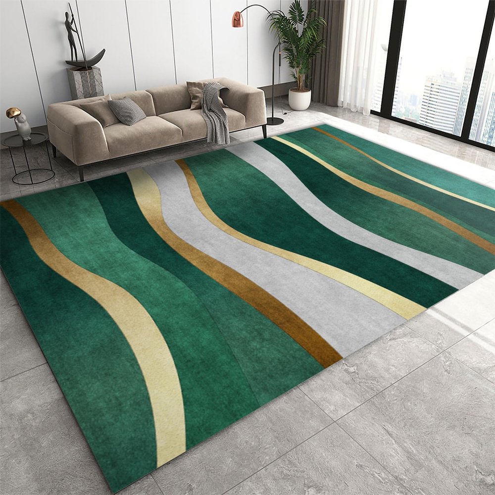 4x6 Modern Fashion Decor Area Rugs, Light Luxury Emerald Green Gray Gold Wavy Stripes Area Rug, Anti-Slip Foldable Low Pile Washable Mat for Living Room Bedroom Entryway Hallway Office Apartment