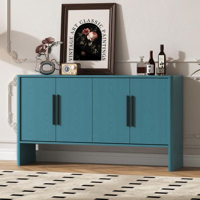 59''L Sideboard Storage Cabinet, Retro 4-Door Large Storage Cabinet with Adjustable Shelves and Long Handles, Wooden Accent Cabinet for Kitchen, Dining Room and Living Room (Antique Blue,105)