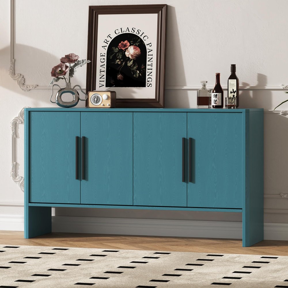 59''L Sideboard Storage Cabinet, Retro 4-Door Large Storage Cabinet with Adjustable Shelves and Long Handles, Wooden Accent Cabinet for Kitchen, Dining Room and Living Room (Antique Blue,105)