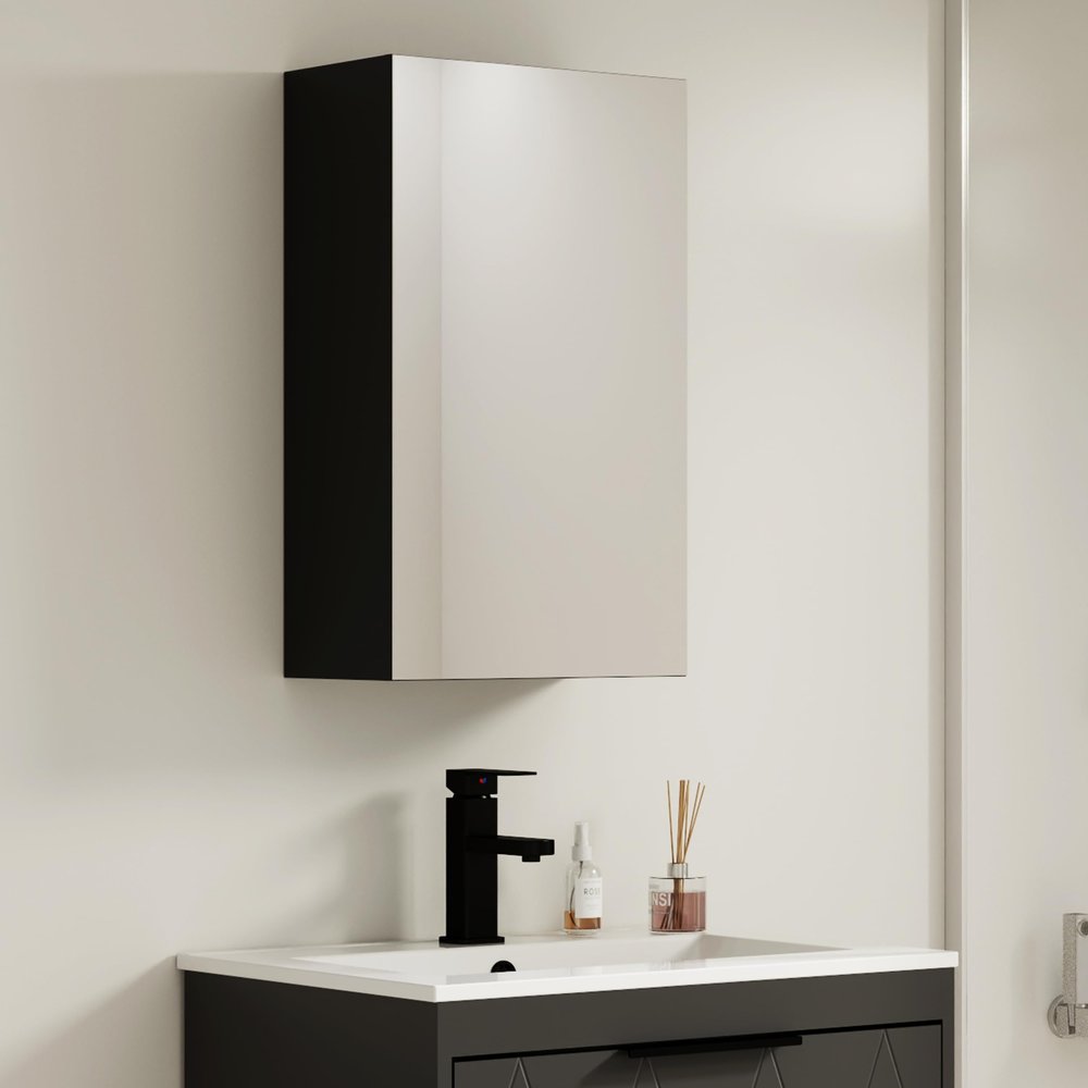 eclife 24" Bathroom Medicine Cabinet W/Mirror, Single Door Bathroom Black Wall Mount Mirror Cabinet, Hanging Triple Shelf Storage Cabinet Opens Left and Right