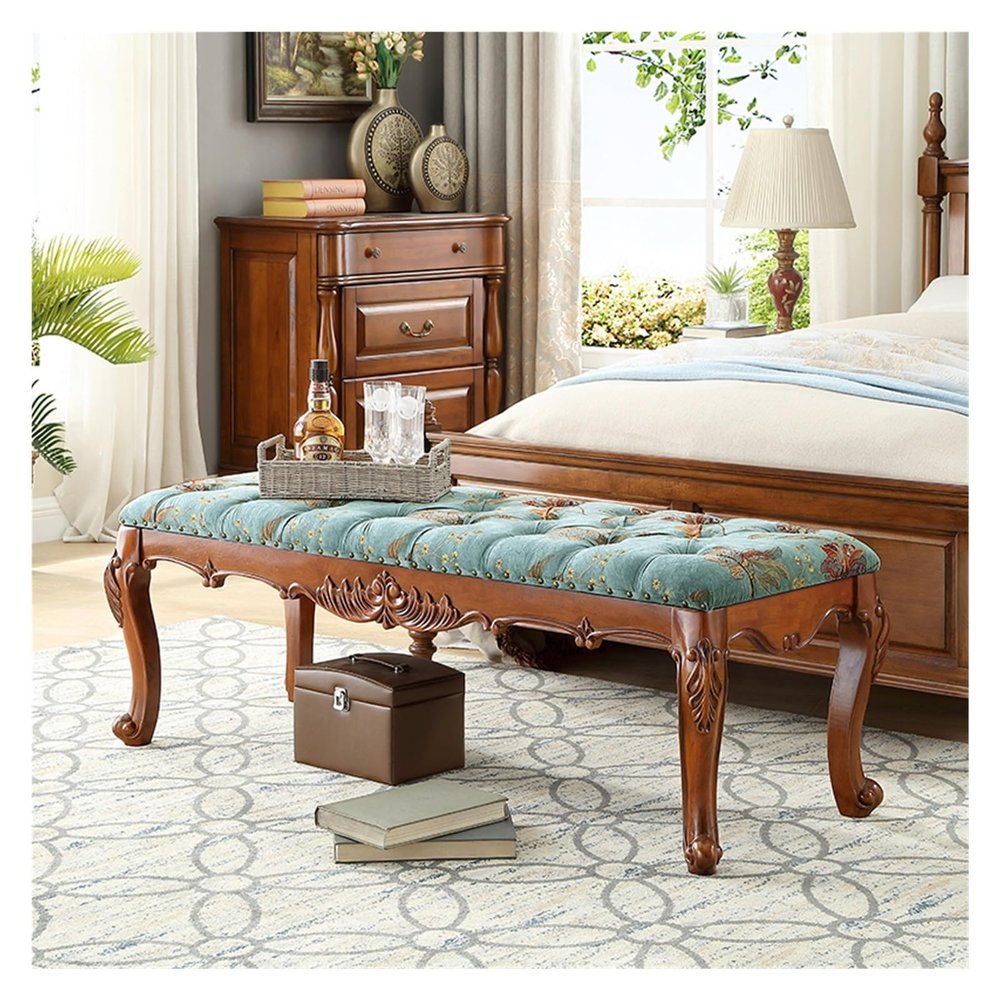 Bedside Bench Natural Solid Wood Upholstered Bench - Velvet Cushions - Functional Seating for Bedroom, Living Room, Hallway, Entryway, Foyer Bed Ends End of Bed Bench(Blue,120*53*47cm)