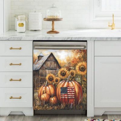 American Flag Pumpkin Sunflower Magnet Sticker Dishwasher Cover for Front Door,Retro House Kitchen Refrigerator Magnetic Cover, Dishwasher Covers Decorative (23 x 26 Inches)