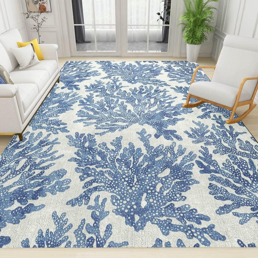 6x9 Area Rugs Retro Nautical Blue Coral Creature Living Room Rugs, Coastal Ocean Coral Reef Classroom Rug with Carpet Non-Slip Backing for Bedroom Office Home Decor