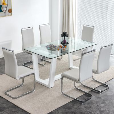 MUUOKY 63" Glass Dining Table Set for 6, Dinner Table Set for 6, Glass Top Dining Room Table and 6 PU Leather Chairs, Rectangle White Table and Chair Set for 6 Suitable Kitchen Dining Room
