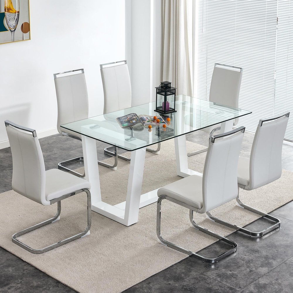 MUUOKY 63" Glass Dining Table Set for 6, Dinner Table Set for 6, Glass Top Dining Room Table and 6 PU Leather Chairs, Rectangle White Table and Chair Set for 6 Suitable Kitchen Dining Room