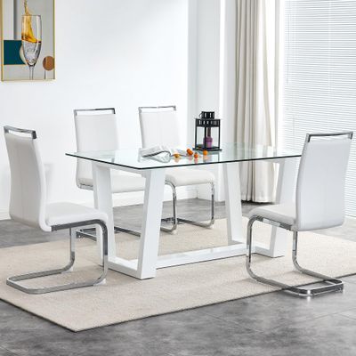 63 Glass Dining Table Set for 4, Modern Dining Table Set for 4, Glass Top Dining Room Table and 4 PU Leather Chairs, Rectangle White Table and Chair Set for 4 Suitable Dining Room, Kitchen