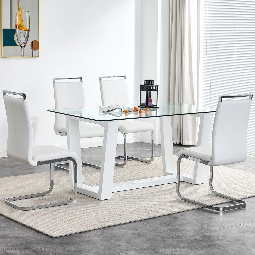 63 Glass Dining Table Set for 4, Modern Dining Table Set for 4, Glass Top Dining Room Table and 4 PU Leather Chairs, Rectangle White Table and Chair Set for 4 Suitable Dining Room, Kitchen