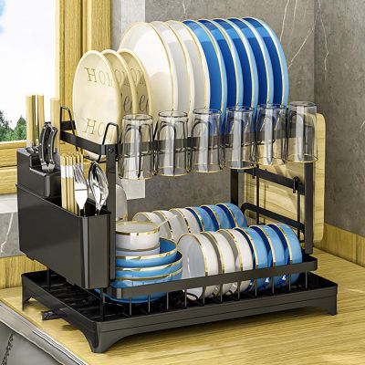 2 Tier Dish Drying Rack with Drainboard Set, Dish Strainer Shelf with Cup-HolderLarge Stainless Rustproof Strong Load Dish Drainers for Kitchen CounterIdeal for Dish/Knifes/Cup/Cutting Board