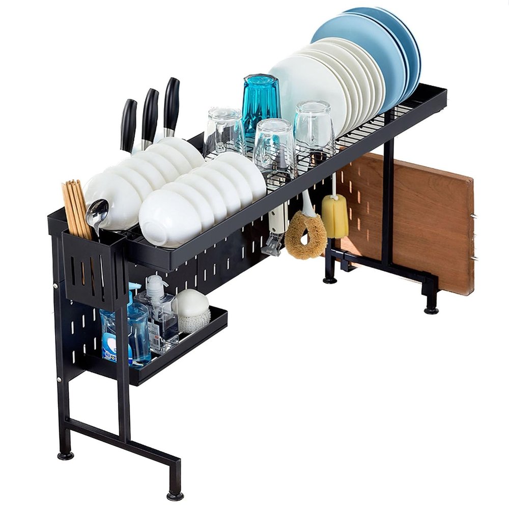 Over The Sink Dish Drying Rack, Large 2 Tier Carbon Steel Dish Drainer Rack Organizer for Kitchen Shelf, Bottom Layer Expandable Length Above Sink Dish Rack