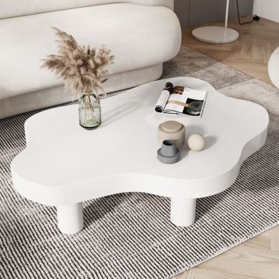 Cloud Coffee Table for Living Room, Solid Wood Irregular Shaped Cream Coffee Table, Cute Round Corner End Table, Modern Cocktail Table(39.4" Lx27.5 Wx16 H, White)