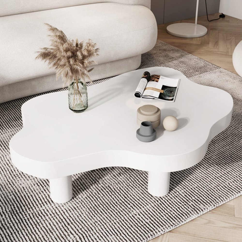 Cloud Coffee Table for Living Room, Solid Wood Irregular Shaped Cream Coffee Table, Cute Round Corner End Table, Modern Cocktail Table(39.4" Lx27.5 Wx16 H, White)