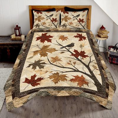 Vintage Autumn Quilt Maple Leaf Patchwork Bedding | Retro Fall Quilt Set for Twin & Queen | Lightweight Autumn Leaf Bed Decor (Autumn Quilt 7)