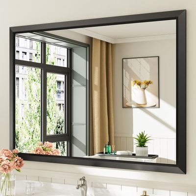Briivue 48x36 Inch Black Bathroom Mirror for Wall, Thick Metal Framed Rectangle Mirrors for Over Sink, Bedroom, Living Room, Entryway, Anti-Rust, HD Tempered Glass
