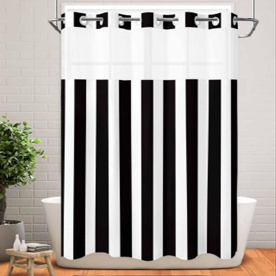 EwdeWwo No Hook Striped Shower Curtain With Snap-in Liner, Black and White for Bathroom, Waterproof Vertical Stripe Bath With See-Through Mesh Top Window, 36" x 78"