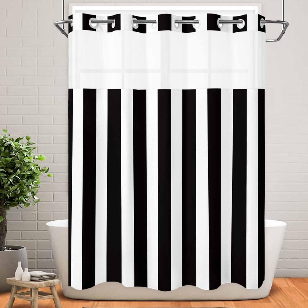 EwdeWwo No Hook Striped Shower Curtain With Snap-in Liner, Black and White for Bathroom, Waterproof Vertical Stripe Bath With See-Through Mesh Top Window, 36" x 78"