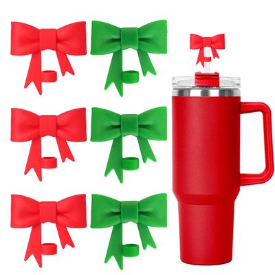 6 Pcs Bow for Stanley Straw Topper, Cute Silicone Cup Straw Toppers Covers Reusable Cap Covers Cap 0.4 In/10mm for Stanley 30&40 Oz Tumbler Accessories(Red & Green)
