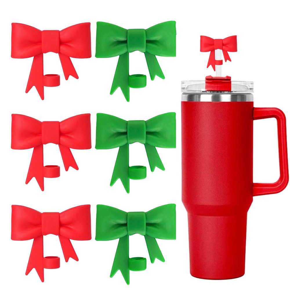 6 Pcs Bow for Stanley Straw Topper, Cute Silicone Cup Straw Toppers Covers Reusable Cap Covers Cap 0.4 In/10mm for Stanley 30&40 Oz Tumbler Accessories(Red & Green)