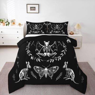 Feelyou Skull Comforter Set Bat Skeleton Comforter Boho Moth Gothic Skull Bedding Set for Kids Boys Girls Adults Halloween Themed Duvet Set Ultra Soft Horror Room Decor Toddler Size Quilt Set