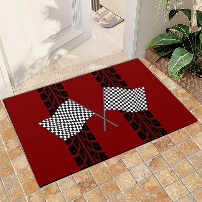 2x3 Modern Race Themed Red Geometric Washable Rug, Black White Checkered Flag Area Rug, Anti-Slip Foldable Non-Shedding Mat for Living Room Bedroom Entryway Hallway Office Gaming Room Boy Room