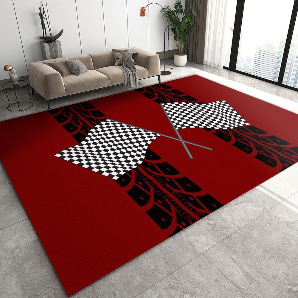 3x4 Modern Race Themed Red Geometric Washable Rug, Black White Checkered Flag Area Rug, Anti-Slip Foldable Non-Shedding Mat for Living Room Bedroom Entryway Hallway Office Gaming Room Boy Room