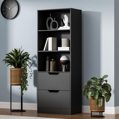 Housoul Bookcase with 2 Drawers, 63" 3-Tier Bookshelf with Storage, 3 Shelf Book Shelf with Adjustable Shelf, Modern Bookshelf, Open Shelves Bookcase for Study, Bedroom & Home Office, Black