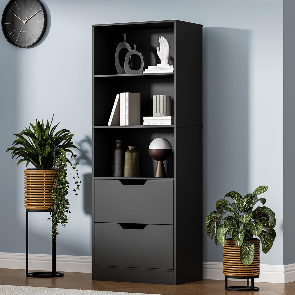 Housoul Bookcase with 2 Drawers, 63" 3-Tier Bookshelf with Storage, 3 Shelf Book Shelf with Adjustable Shelf, Modern Bookshelf, Open Shelves Bookcase for Study, Bedroom & Home Office, Black