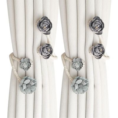 BDHRKTE Boho Flower Curtain tie Backs Handmade Curtains tiebacks Curtain Holder Tie Backs for Curtains Braided,Cute Flower Curtain Ties Decorative Rope for Bedroom Window Treatment (Gray)