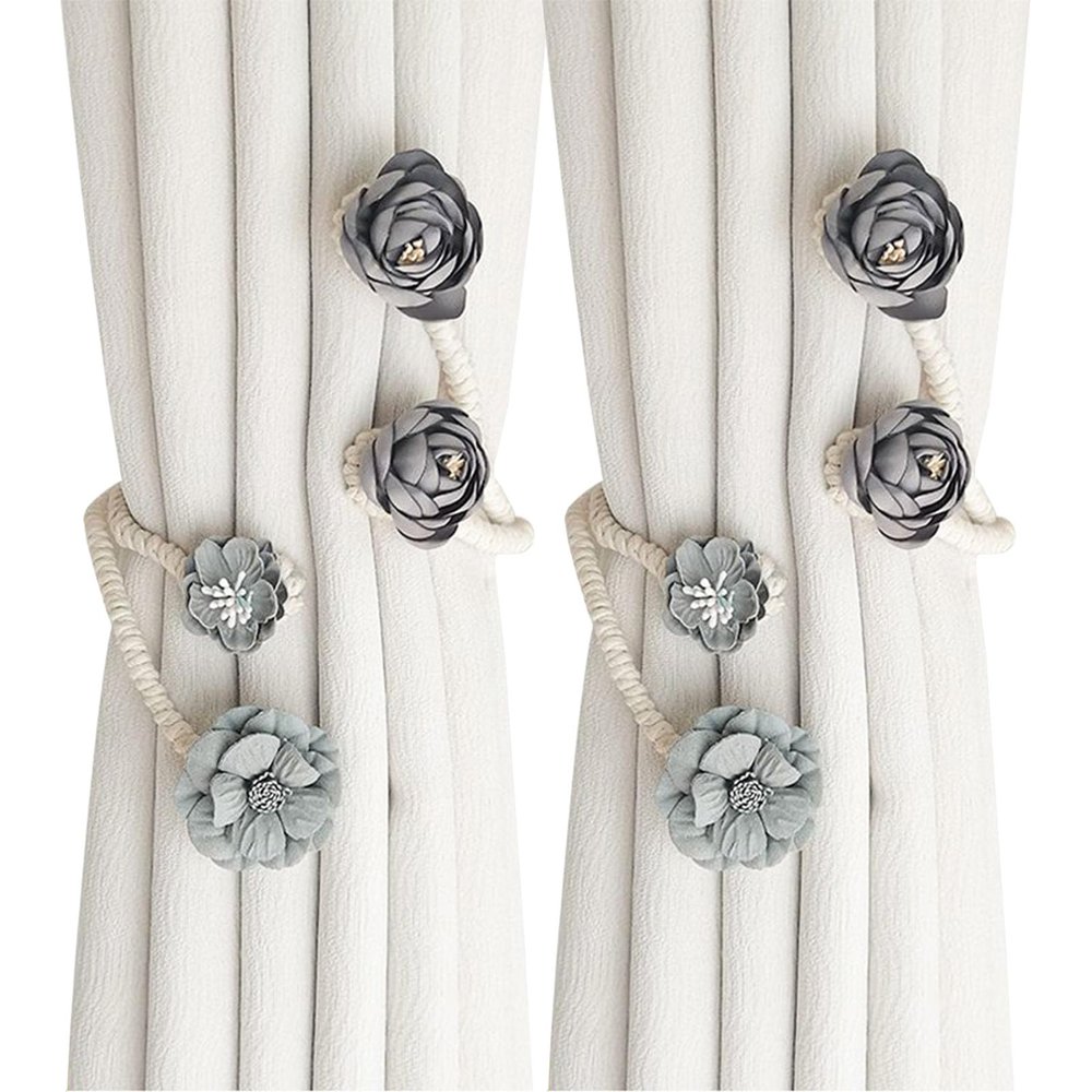 BDHRKTE Boho Flower Curtain tie Backs Handmade Curtains tiebacks Curtain Holder Tie Backs for Curtains Braided,Cute Flower Curtain Ties Decorative Rope for Bedroom Window Treatment (Gray)