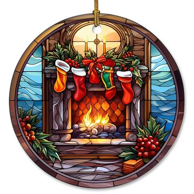 Elegant Stained Glass Ceramic Christmas Ornament for Fireplace Mantle and Tree Decor